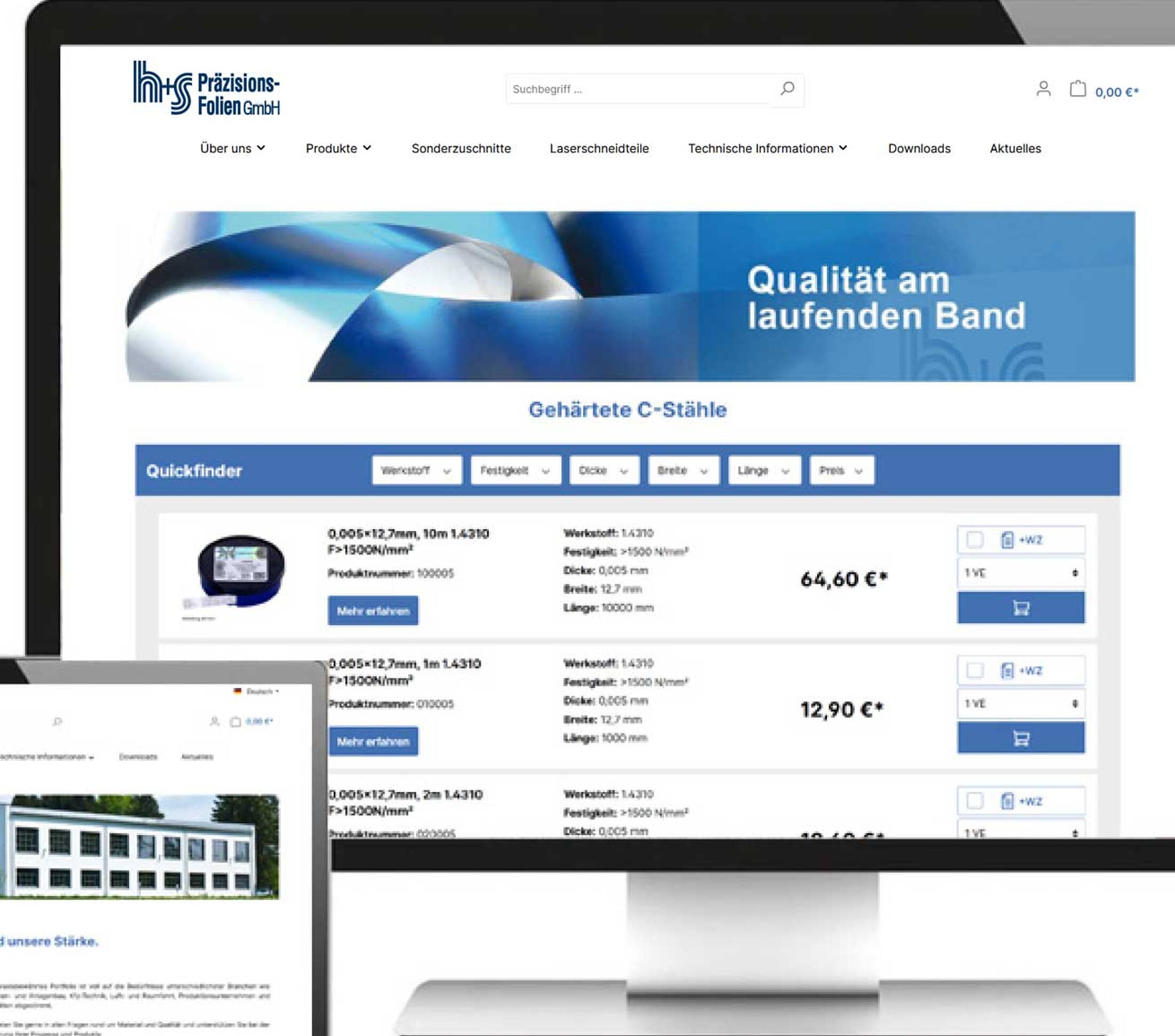 H+S Webseite auf verschiedenen Bildschirmen