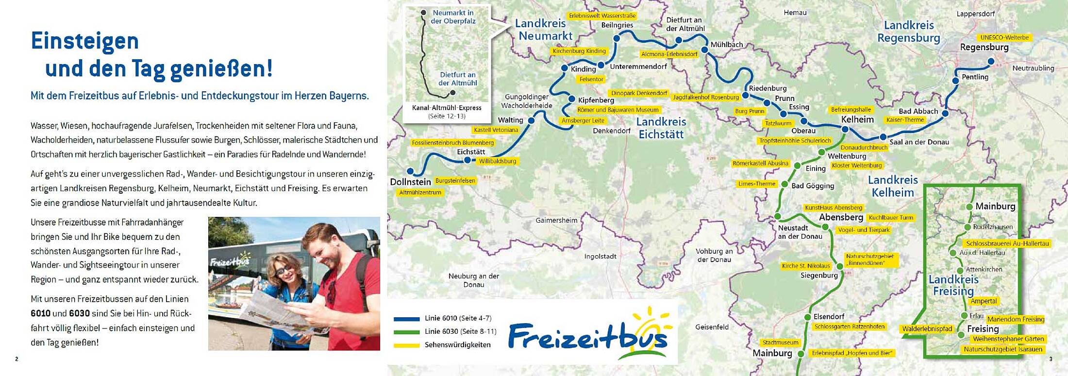 Ausschnitt Landkarte mit Touren des Freizeitbusses