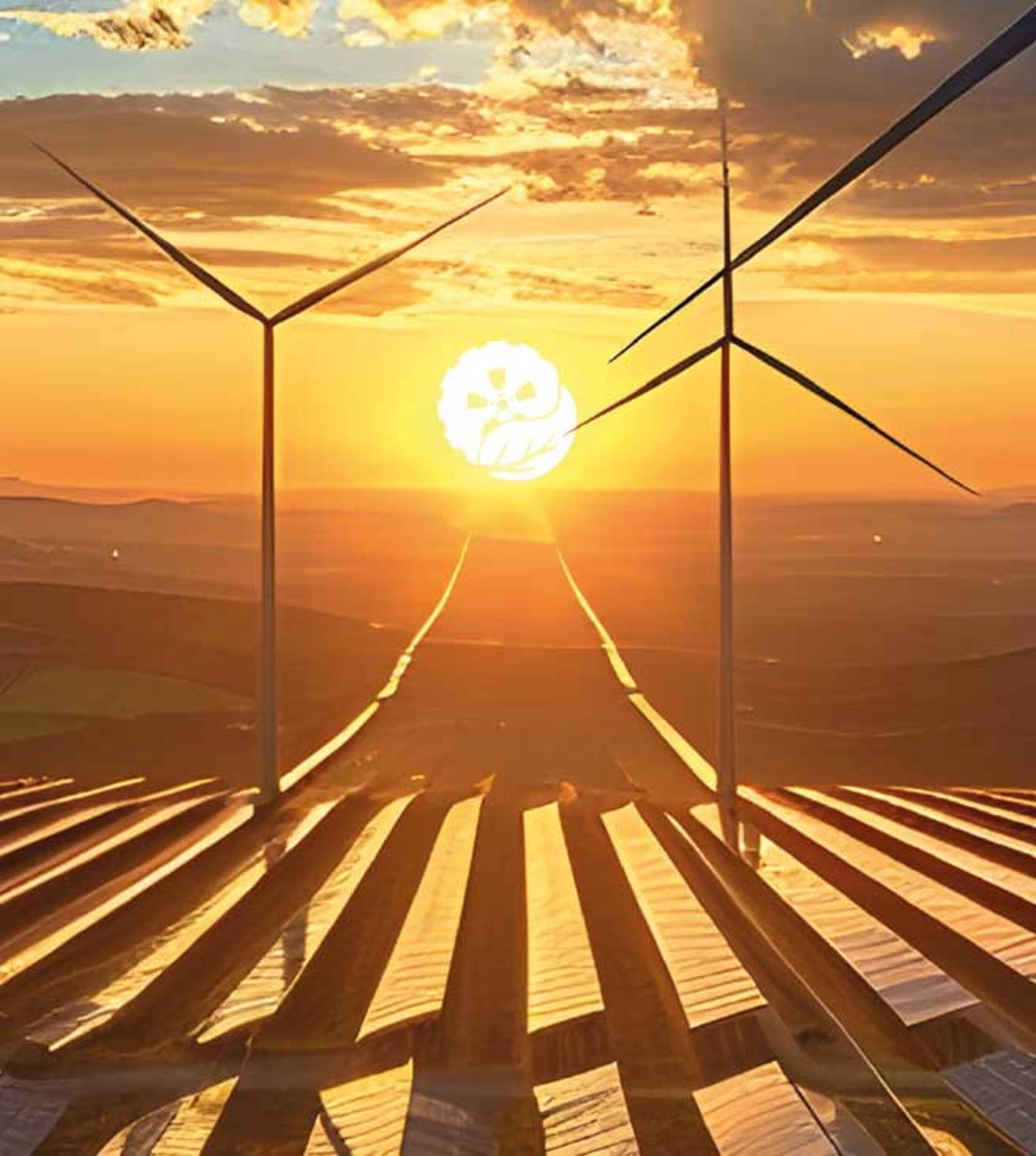 Windräder und Solaranlagen bei Sonnenuntegang